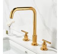 Bacino dorato a tre fori con rubinetto acqua calda e fredda in rame a tre fori, rubinetto lavabo a due fori, doppia maniglia, tubo dorato a sette cifre [manico dritto]