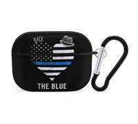 Back The Blue Police Line - Custodia protettiva per cuffie con cuore e bandiera della polizia, compatibile con AirPods Pro, custodia protettiva con portachiavi