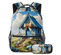 Back to School in Style, set di 2 zaini per ragazzi, ragazze, adolescenti, la borsa da viaggio definitiva per studenti, casa con croce pasquale blu, Multicolore, B：29.4x20x40cm P：19x7.5x3.8cm, Zaini