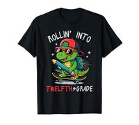 Back To School Rollin' Into 12th Grade T-Rex Skateboarding Maglietta