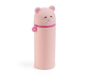 Back2Fun - Astuccio 2 in 1 in silicone morbido, Portapenne estensibile da tavolo con cerniera, Design criceto rosa per scuola bambini