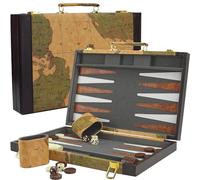 Backgammon - Set backgammon per adulti, in pelle, con mappa del mondo, 2 giocatori