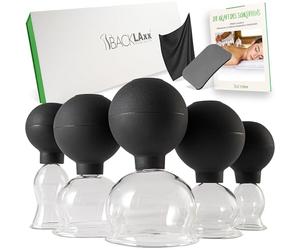 BACKLAXX® Set di Coppettazione in Vetro con Aspirazione in Silicone - 5 Bicchieri per Massaggio Anticellulite e Antirughe - Raschietto per Fasce Incluso - Per Viso, Corpo e Fasce Muscolari