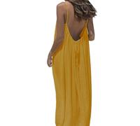 Backless Cami Dress, Spaghetti Strap Solid Color Flowy Lounge House Dress, Casual Beach Vacation Swimsuit Coverup (Yellow,3XL)