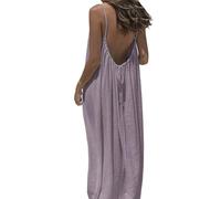 Backless Cami Dress, Spaghetti Strap Solid Color Flowy Lounge House Dress, Casual Beach Vacation Swimsuit Coverup (Purple,L)