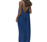 Backless Cami Dress, Spaghetti Strap Solid Color Flowy Lounge House Dress, Casual Beach Vacation Swimsuit Coverup (Dark Blue,M)