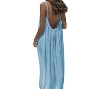 Backless Cami Dress, Spaghetti Strap Solid Color Flowy Lounge House Dress, Casual Beach Vacation Swimsuit Coverup (Sky Blue,M)