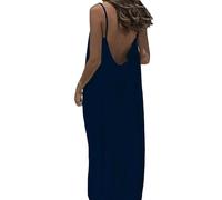 Backless Cami Dress, Spaghetti Strap Solid Color Flowy Lounge House Dress, Casual Beach Vacation Swimsuit Coverup (Navy Blue,M)