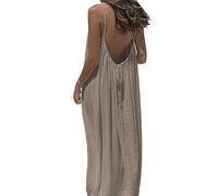 Backless Cami Dress, Spaghetti Strap Solid Color Flowy Lounge House Dress, Casual Beach Vacation Swimsuit Coverup (Brown,M)