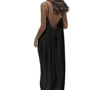 Backless Cami Dress, Spaghetti Strap Solid Color Flowy Lounge House Dress, Casual Beach Vacation Swimsuit Coverup (Black,M)