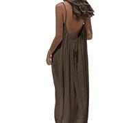 Backless Cami Dress, Spaghetti Strap Solid Color Flowy Lounge House Dress, Casual Beach Vacation Swimsuit Coverup (Coffee,M)