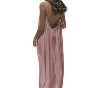 Backless Cami Dress, Spaghetti Strap Solid Color Flowy Lounge House Dress, Casual Beach Vacation Swimsuit Coverup (Pink,M)