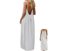 Backless Cami Dresses, Casual Lounge Dress for Women, Solid Color Sleeveless Dress, Spaghetti Strap Flowy Long Beach Sundress (White,S)