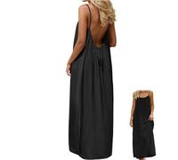 Backless Cami Dresses, Casual Lounge Dress for Women, Solid Color Sleeveless Dress, Spaghetti Strap Flowy Long Beach Sundress (Black,S)