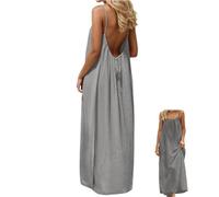 Backless Cami Dresses, Casual Lounge Dress for Women, Solid Color Sleeveless Dress, Spaghetti Strap Flowy Long Beach Sundress (Grey,L)