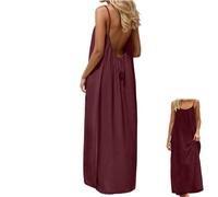 Backless Cami Dresses, Casual Lounge Dress for Women, Solid Color Sleeveless Dress, Spaghetti Strap Flowy Long Beach Sundress (Wine Red,S)