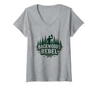 Backwoods Rebel: Rugged Outdoorsman Adventure Spirit Maglietta con Collo a V, Donna, Grigio Melange, M