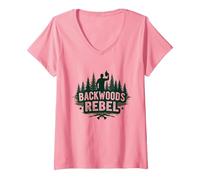 Backwoods Rebel: Rugged Outdoorsman Adventure Spirit Maglietta con Collo a V, Donna, Rosa, L