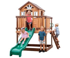 Backyard Discovery Echo Heights Casetta per bambini in legno con scivolo verde, cucina gioco, sabbiera e veranda | Casa da gioco per giardino/all'aperto in marrone | Casetta in Legno per Bambini