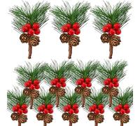 Bacucine 12 pigne artificiali con bacche di Natale, decorazioni floreali invernali, con bacche rosse, ago di pino per artigianato, tavolo, camino, bar, feste, decorazioni per le vacanze
