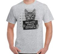 Bad Kitty Mens Funny Cat Mugshot T Shirt Pussy Kitten Pet Animal Feline Jail Top Size XL