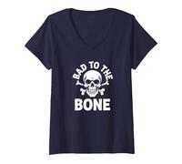 Bad to The Bone Skeleton Rocker Ribelle Biker Attitude Maglietta con Collo a V, Donna, Navy, M
