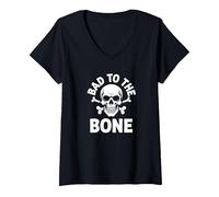 Bad to The Bone Skeleton Rocker Ribelle Biker Attitude Maglietta con Collo a V, Donna, Nero, XL