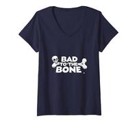 Bad to The Bone Skull Atteggiamento Ribelle Punk Rock Maglietta con Collo a V, Donna, Navy, XL