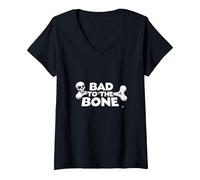 Bad to The Bone Skull Atteggiamento Ribelle Punk Rock Maglietta con Collo a V, Donna, Nero, L