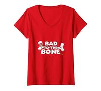 Bad to The Bone Skull Atteggiamento Ribelle Punk Rock Maglietta con Collo a V, Donna, Rosso, M