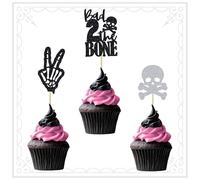 Bad Two The Bone Cake Topper Decorazione Cupcake Nero 2° Compleanno Decorazioni per feste a tema musicale Decorazioni per feste a tema scheletro Rock and Roll festa di compleanno
