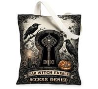 Bad Witch Energy Quote Skeleton Key Halloween Canvas Tote Bag 33 x 38 cm | Stile artistico gotico, accenti corvo, motivo Jack-o-lantern, atmosfera mistica, estetica strega
