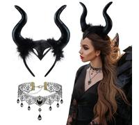 badaren Halloween Corna da Diavolo, 2 Pezzi Costume Malefica, Corno Diavolo con Collana Gotico Pizzo Nero, Cerchietto Con Corna, Costume Halloween Donna per Halloween Terrore Festa Cosplay Carnevale