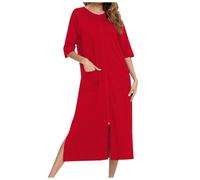 Bademantel Damen - Gonna Casual Comoda E Solida da Pigiama Ampio Camicia da Notte con Maniche A Sette Quarti (Red XXL)