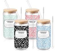 Baderke Set di 4 bicchieri di vetro da 473,6 ml, con coperchio e cannucce, tazze da caffè, regalo di ringraziamento per donne di fine anno, regalo di ringraziamento per donne (quaderno di composizione