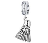 Badminton Birdie Ciondolo, si adatta Bracciale Pandora Sport, 925 Argento Sterling Piuma Volano Ciondolo Perline con CZ Trasparente, Regalo di Compleanno per BFF/Sorella/Cugino/Nipote