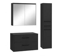 Badplaats Florence - Set di mobiletti sottolavabo, 80 x 46 cm, nero opaco, con armadietto a specchio e armadietto alto