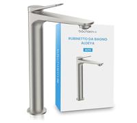 Bächlein Aldeya - Rubinetto da bagno alto dal design moderno, miscelatore monocomando extra alto per lavabo con kit di montaggio, in acciaio inox spazzolato
