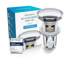 Bächlein Kit di piletta Universale con troppopieno per lavabi e lavandini - valvola a Soffietto cromata - incl.3 guarnizioni per Tutti i Tipi di lavabi, Tappo a Scatto - Scarico