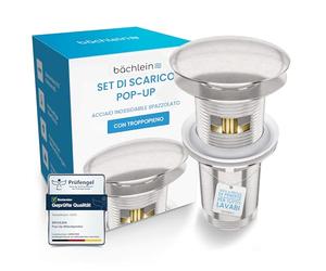 Bächlein Kit di piletta universale con troppopieno per lavabi e lavandini - valvola a soffietto in acciaio inox - incl.3 guarnizioni per tutti i tipi di lavabi, tappo a scatto - scarico