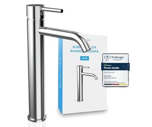 Bächlein - Miscelatore per bagno Susara alto con erogatore curvo, monocomando di design extra alto per lavabo da appoggio con cartuccia in ceramica duratura e set di montaggio, rubinetto per bagno