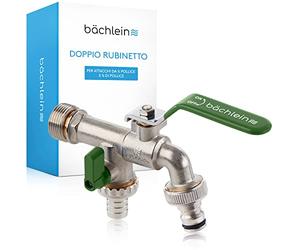 Bächlein Rubinetto Universale Doppio per il Giardino verde Inclusi 2 Raccordi per Tubi Flessibili - Valvola a Sfera di Pregiata Fattura con Attacco da 1/2 e 1 di Pollice