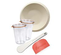 Bäckerei Spiegelhauer Set di 2 bicchieri da lievito naturale, 850 ml, con cestello per lievitazione, raschietto per pasta, spatola, set per lievitazione in vetro, set di cestini per lievitazione