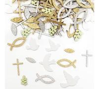 Bafiwu Decorazione da spargere per battesimo, 100 pezzi, decorazione da tavolo per battesimo, per ragazzi e ragazze | Decorazione per comunione, pesce, colomba, croce, in legno naturale, infrangibile, bomboniere per cresima e cresima