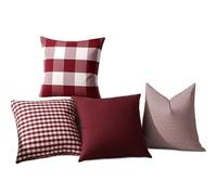 Bafnsiji Set di 4 Federe a Quadri Rossi, 45x45cm in Cotone e Lino - Include Federa Solida, a Quadri Grandi e Piccoli, a Righe Sottili, Copricuscino Decorativo per Divano o Letto