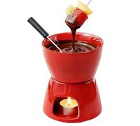 BAFOVY Pentola per Fonduta in Ceramica, Pentola per Sciogliere il Cioccolato con Forchetta per Intingere, per Formaggio, Caramello e Crema, Ideale per Feste in Casa, Picnic e Cene (Rosso puro)