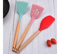 BAFOVY Set di Utensili da in Silicone da 12 Pezzi con Manico in Legno, Set di Utensili da Colorati, Testine Antigraffio per Friggere, Stufare, Bollire, Cucinare in Casa (COLORFUL)