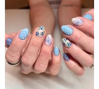Bafutayawa 24 Press On Nails, Polka Dot Press On Nails, Unghie Finte Blu Corte con Design a Stella ai Mirtilli, Adesivi Unghie Lucidi per Donne