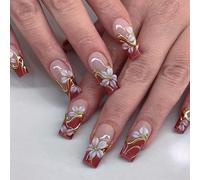 Bafutayawa Falsenails, 24Pcs Press On Nails Medium Square Mit Red French Tip & Flower Design, Nägel Zum Aufkleben Als Fake Nails Für Damen