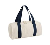 Bagbase Edit Canvas Duffle - Borsone da viaggio in poliestere riciclato naturale/blu navy, con scomparto principale con cerniera, tasca frontale a slittamento, manici morbidi in fettuccia ed etichetta